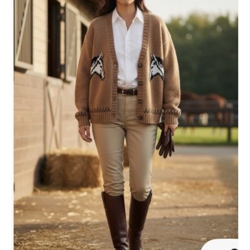 Old Navy Wool Blend Horse Cardigan Sz M New Viral Brown Equestrian Western - Picture 3 of 8